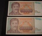 Novčanica Jugoslavija / Yugoslavia 5 miliona dinara 1993. (2 kom)
