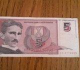 NOVČANICA JUGOSLAVIJE 5 NOVIH DINARA 1994 GODINA